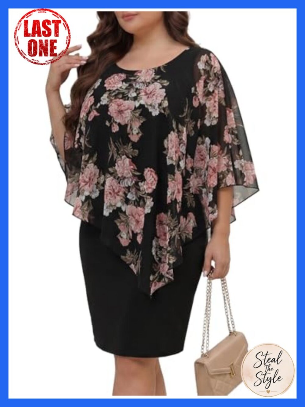 Plus Size Floral Midi Dress with Cape Overlay Wedding Guest Formal